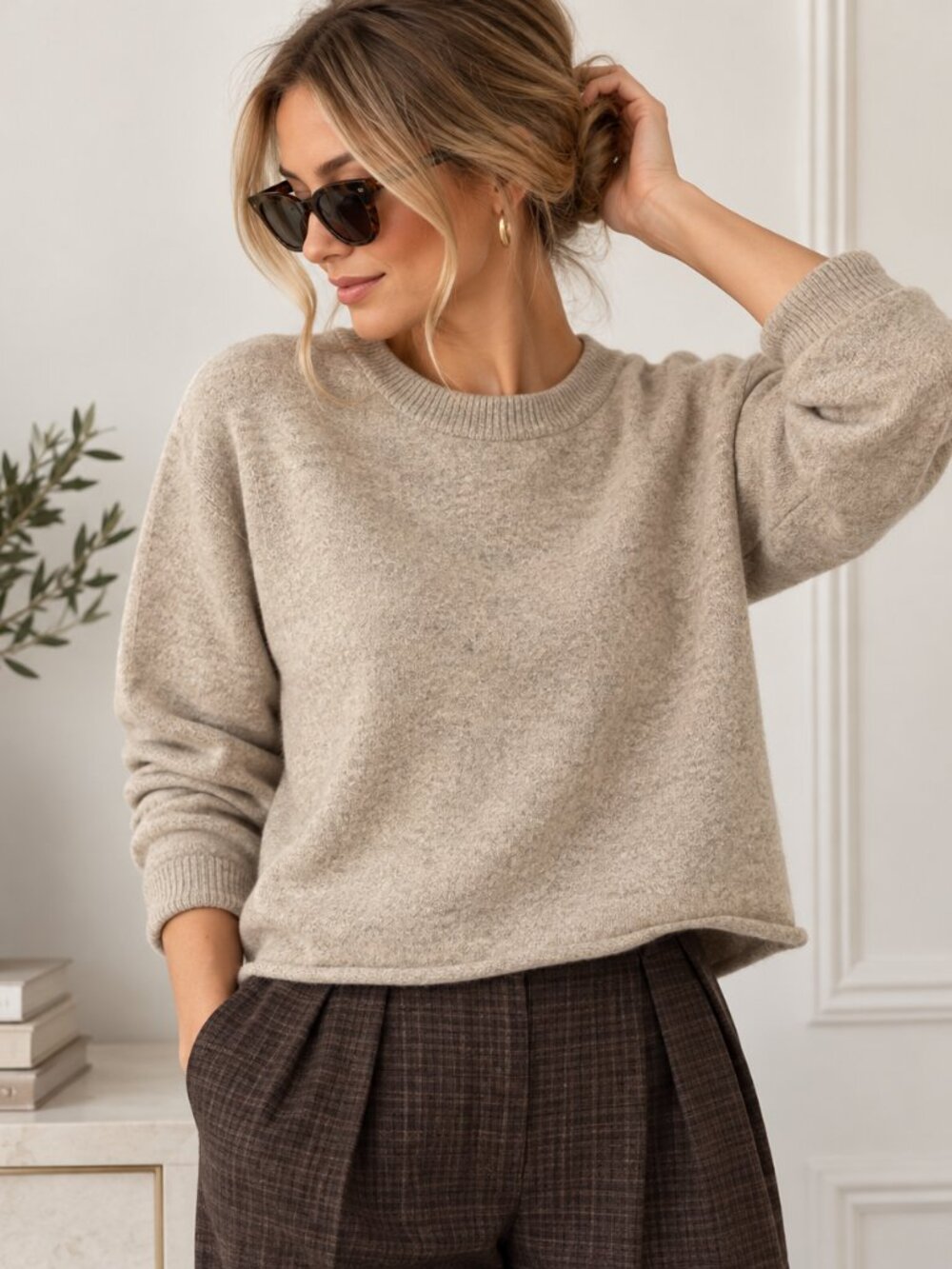 Reformation Recycled Cashmere Crewneck Crop Sweater  in Oatmeal Beige Size L
